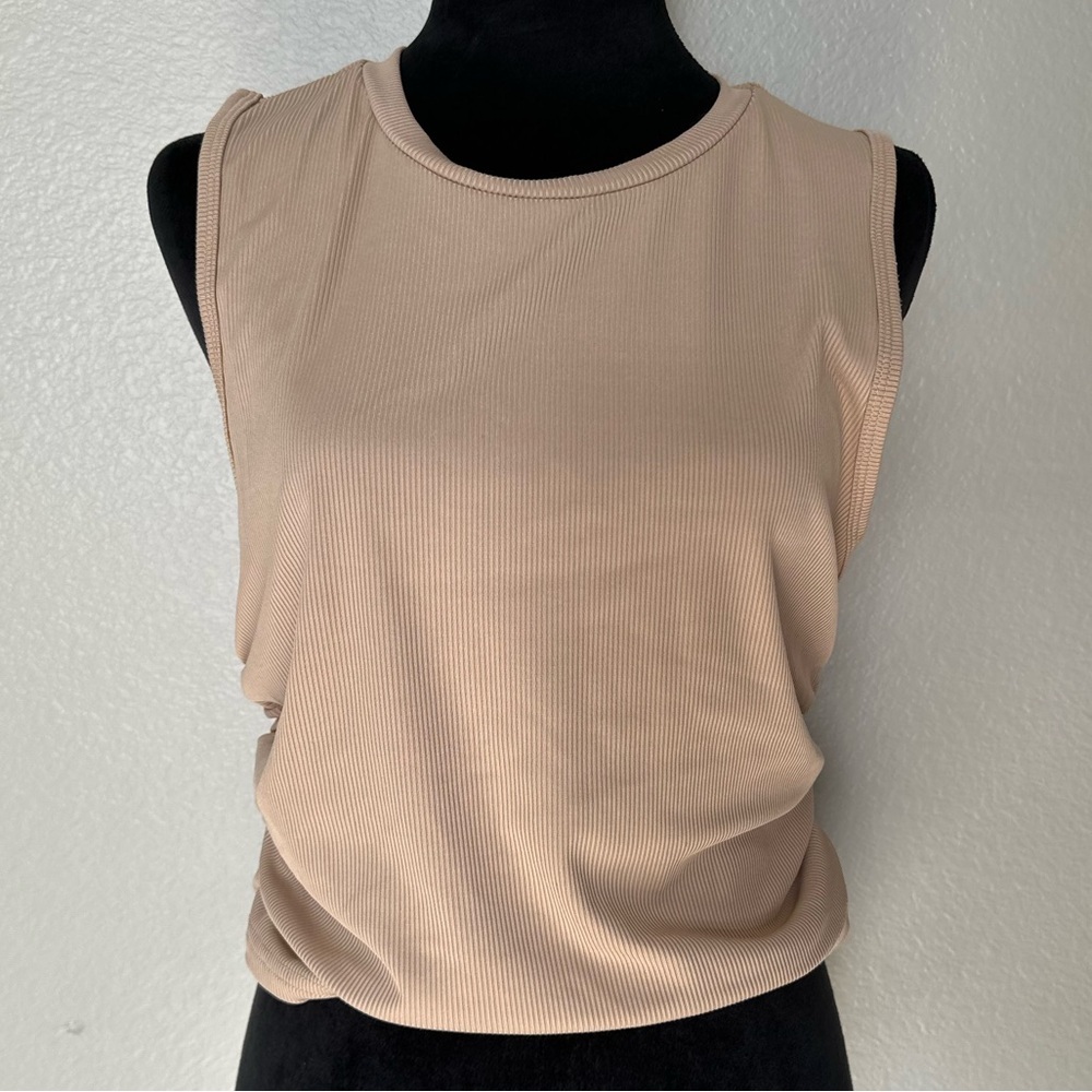 Beige Stretch Tank XL | Ribbed Sleeveless Ruched Back Minimalist Top